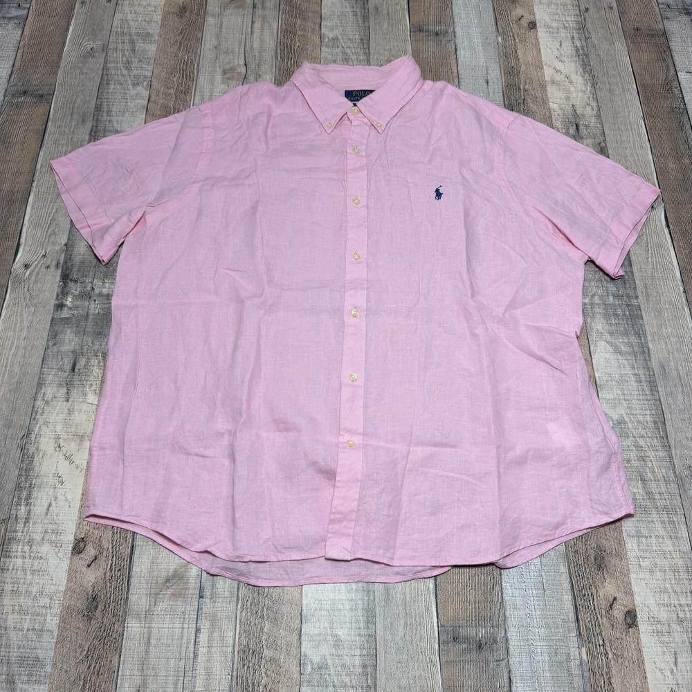 Polo Ralph Lauren Shirt Mens XXL Pink 100% Linen Button Up Preppy Beach Pony*